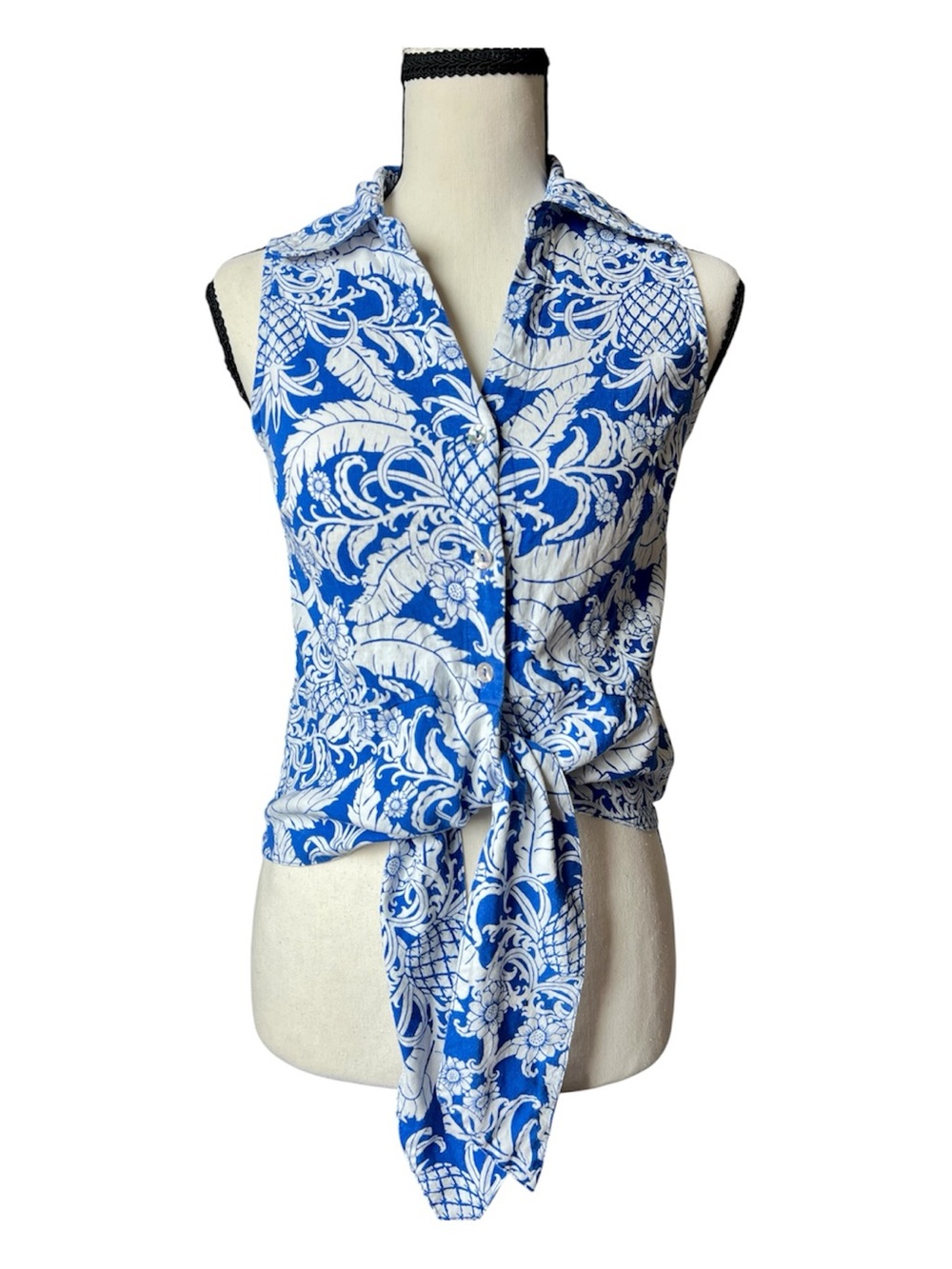 Rachel Zoe Blue & White Tropical Pineapple Linen Blend Tie-Front Blouse